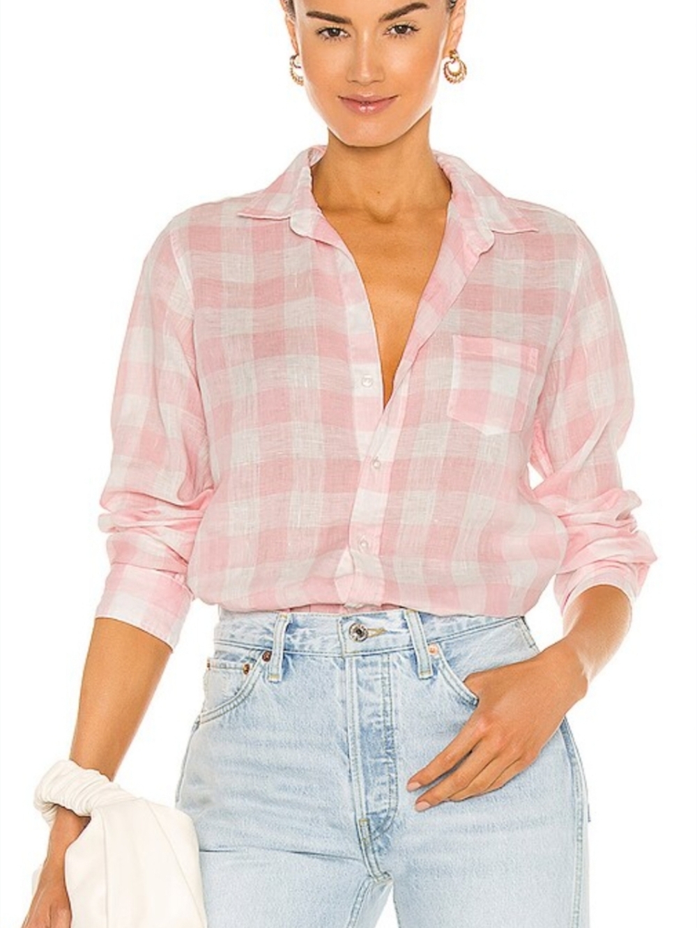 Frank & Eileen Barry Tailored Button Up Shirt  Italian Linen Pink White Plaid